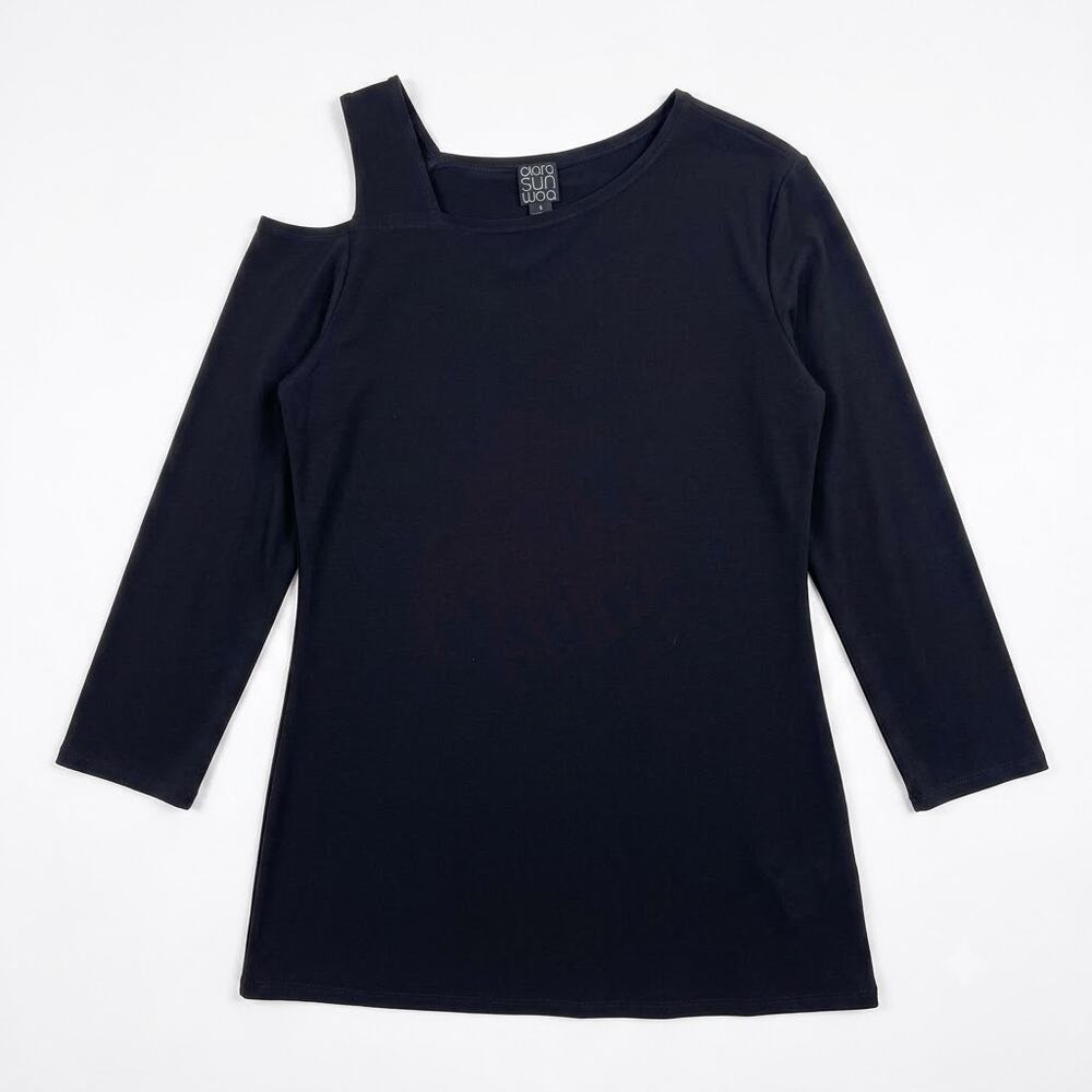 Clara Sun Woo Asymmetric Cold Shoulder Longline Blouse Black Womens Small